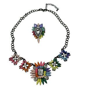 Floral Beaded Rhinestone Necklace Ring Set Statement Piece Costume Jewelry